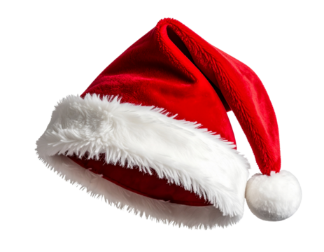 Santa Claus Hat Hanging Playfully, Fluffy Details and Dynamic Folded Shape, Transparent Background.