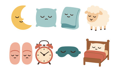 Sleep essentials: moon, pillow, blanket, sheep, slippers, alarm clock, mask, bed icons