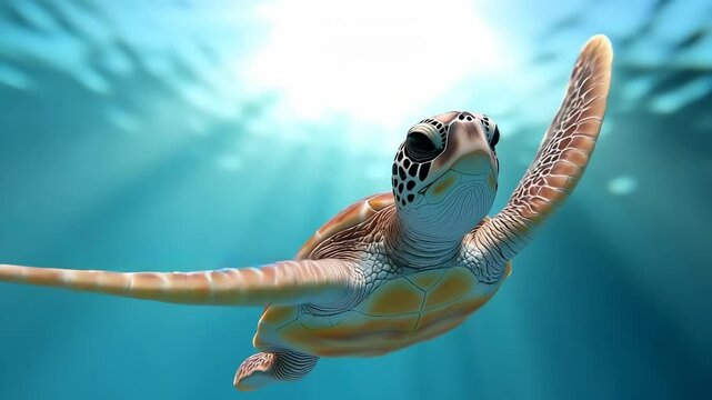 Green sea turtle gliding through turquoise ocean waters with sunlight filtering through. Detailed shell texture and fluid swimming motion captured in close-up underwater perspective.