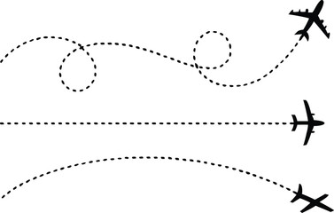 Airplane with dotted line route. flying plane with twisted, curved and straight dashed trace path. transparent png and vector illustration. 