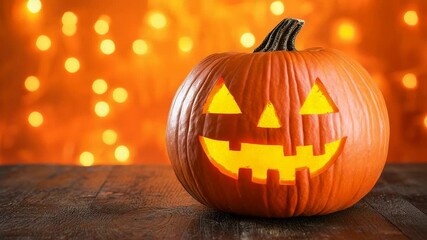 Halloween background. A glowing carved jack-o'-lantern pumpkin sits on a wooden table with warm orange lights in the background. - Powered by Adobe