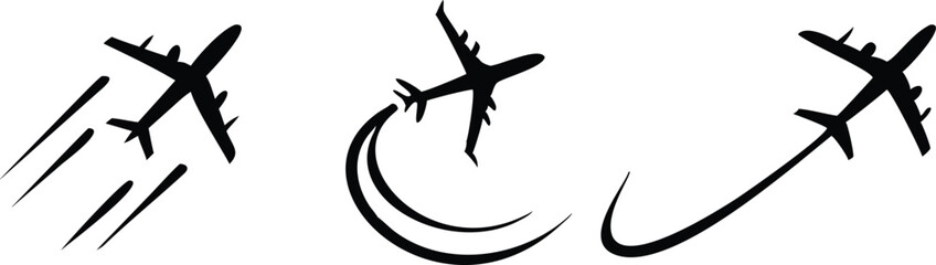 Flying plane with trail symbol. Aeroplane icon with trace path. Transparent PNG and vector illustration. 