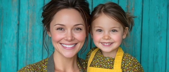 Smiling Mother and Daughter in Coordinated Outfits Against Blue Rustic Background