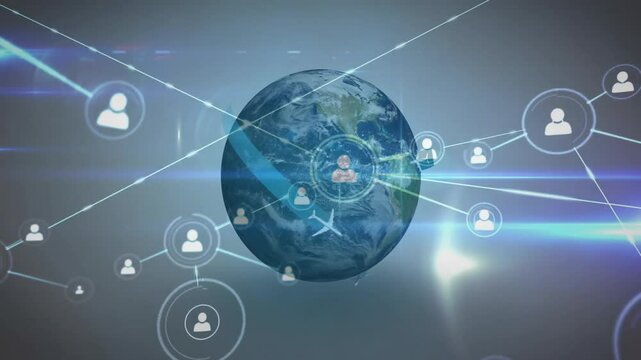 On rotation start, 3D Earth spawning user icons linking with glowing lines showing global network