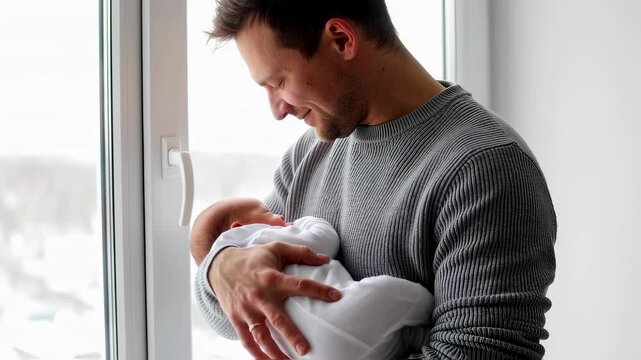 Tender moment: father gently cradling newborn by a sunlit window
