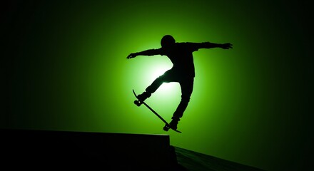 Silhouette of skateboarder in midair against vibrant green back-light, showcasing athleticism and skill in extreme sports