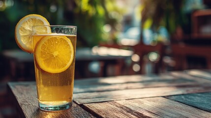 Refreshing Iced Lemon Tea on Wooden Table Outdoors
