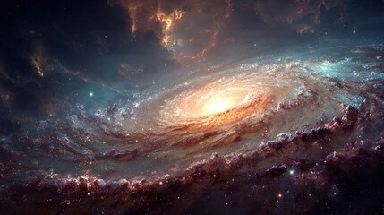 Fototapeta premium A magnificent spiral galaxy filled with bright star formations and swirling dust clouds is viewed in deep space, showcasing vibrant colors from cosmic gases and stellar light.