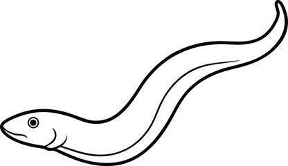 A simple black and white illustration of a swimming eel against a white background