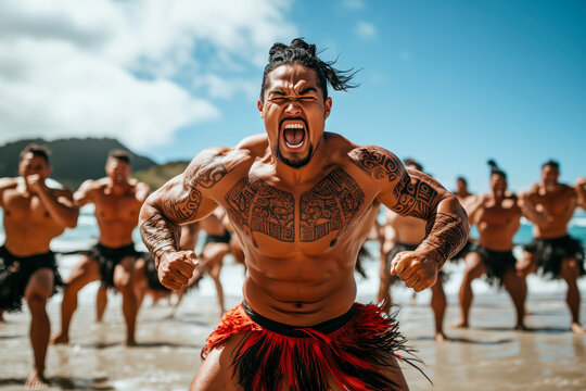 Group of Māori people performing a haka dance, displaying powerful facial expressions and movements