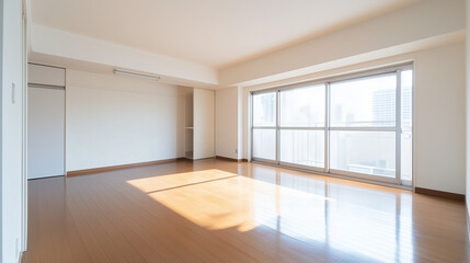 Bright and spacious empty apartment with wooden floors and large windows letting in natural light.