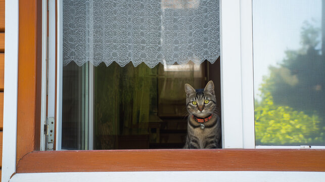Curious tabby cat with a red collar sitting at an open window, looking out beneath lace curtains.