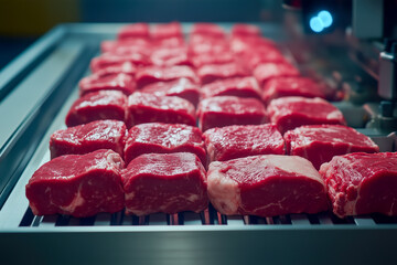 High-speed meat slicing machine cutting through slabs of meat with precision, ready for packaging