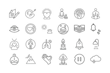 Mindfulness and Meditation Icon Set Inner Peace Breathing Self Awareness Calm Living Spiritual Growth and Wellness Practice Symbols