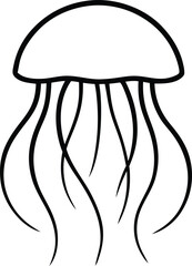Simple black and white illustration of a stylized jellyfish with flowing tentacles