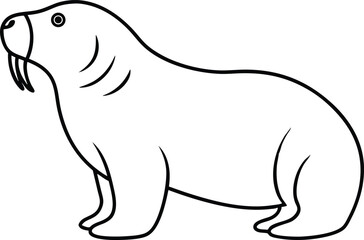 Simple black and white illustration of a large walrus animal cartoon character