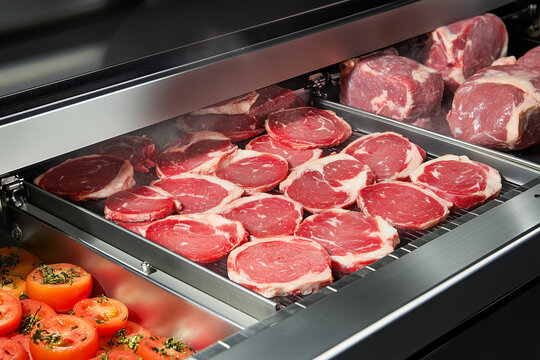 High-speed meat slicing machine cutting through slabs of meat with precision, ready for packaging - Powered by Adobe