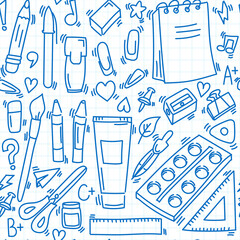 Seamless pattern from school stationery back to school doodle on a checkered background
