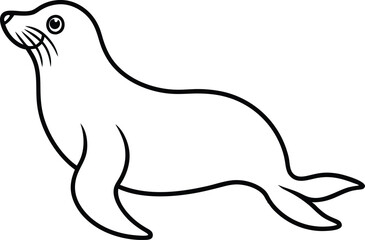 Simple black and white line drawing of a playful seal vector illustration.
