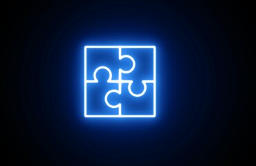 Neon puzzle icon. Neon Game icon. Neon Glowing Blue Color Game puzzle icon on black background.