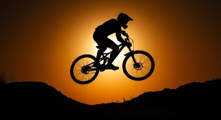 Fototapeta premium Silhouette of a mountain biker performing a jump against a golden sunset sky, showing freedom and adventure.