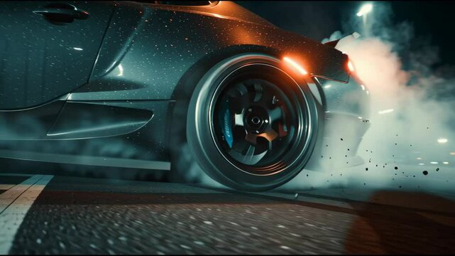 Experience the adrenaline of high-speed racing with intense close-up shots of tires gripping the track under bright lights at night. Feel the power and excitement unfold