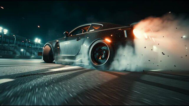 Experience an adrenaline rush as a powerful vehicle drifts around a track, sending tire smoke into the air. Bright lights illuminate the surroundings, enhancing the thrilling atmosphere