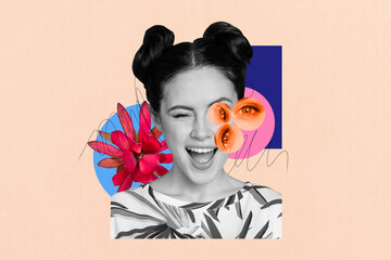 Template poster trend artwork photo collage of portrait young lady head smile wink eyes fragment...