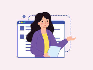 Flat character vector of a professional woman in a blazer and heels giving a presentation with an background web and paper