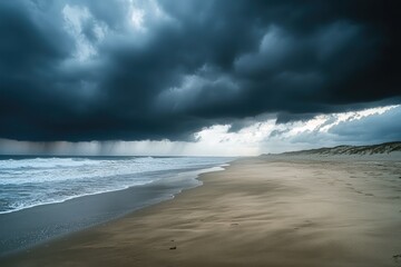Dramatic beach scene under a stormy sky.  Dark, heavy clouds loom over a sandy beach.  Waves crash gently on the shore.  A light breaks through the storm clouds