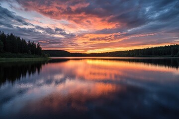 Serene sunset over a calm lake, reflected in the water.  A vibrant mix of fiery orange and pink clouds meet dark storm clouds, casting a dramatic glow across the tranquil water's surface. 