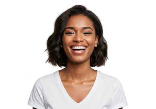 Beautiful young woman with a wide smile and dark wavy hair isolated on transparent background