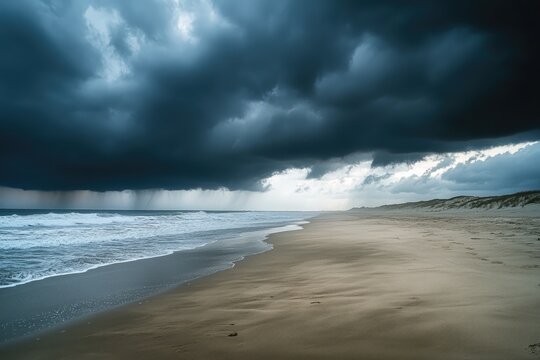 Dramatic beach scene under a stormy sky.  Dark, heavy clouds loom over a sandy beach.  Waves crash gently on the shore.  A light breaks through the storm clouds