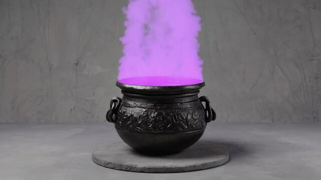 Mysterious black cauldron fills with purple smoke in dim setting