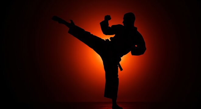 Dynamic silhouette of a martial arts expert executing a high kick with power against a dramatic red background.