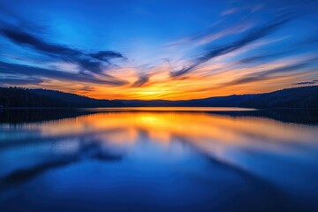Fototapeta premium A tranquil lake reflecting a vibrant sunset. A calm body of water mirrors the colorful sky, showcasing a blend of blues, oranges, and yellows. Silhouette of hills form a horizon line