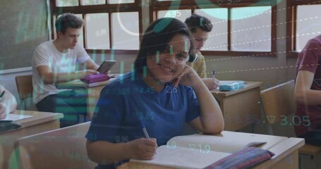 Female student writing as peer tapping tablet triggers finance graphs animating highlighting data - Powered by Adobe