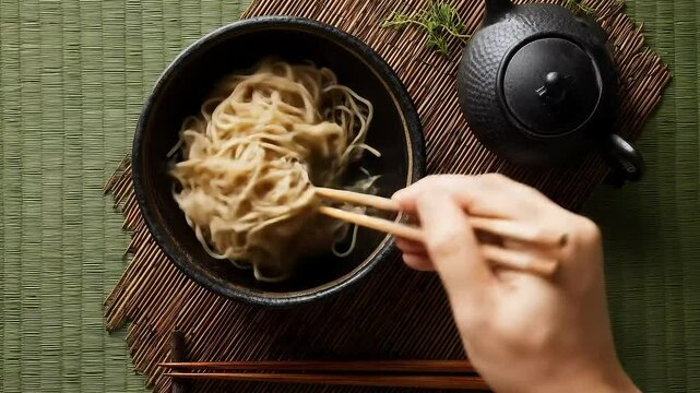 A hand uses chopsticks to lift noodles from a dark bowl, beside a small teapot and dipping sauce on a woven mat.