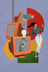 Vertical 3d art pop image collage of happy girl guy business workers stand pc monitor stack peek...