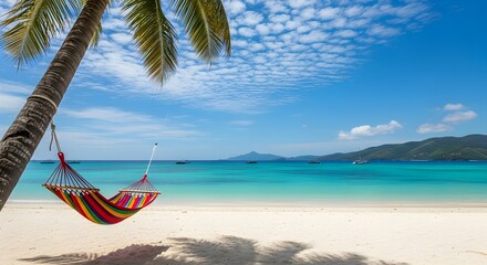 Tropical Beach Paradise Hammock Palm Tree Turquoise Ocean White Sand Vacation Resort