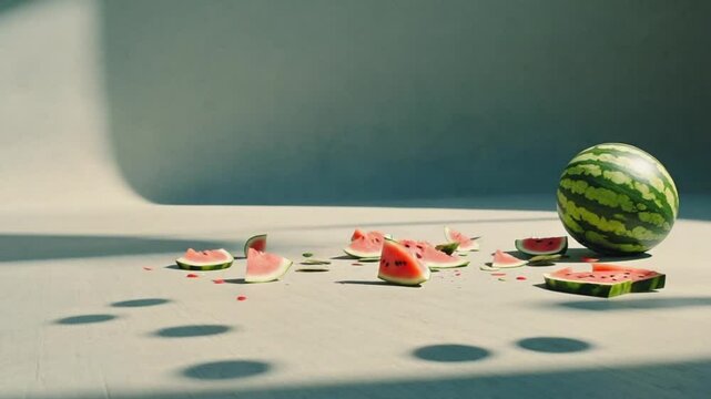 Whole watermelon bursts into slices in sunlit room.