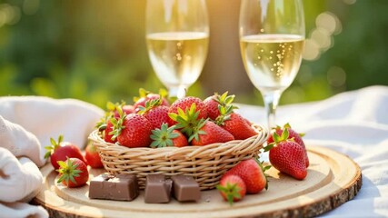 Picnic with strawberry and champagne create delightful outdoor refreshment with fresh berries and bubbly beverage. Summer picnic with lake water movement - Powered by Adobe