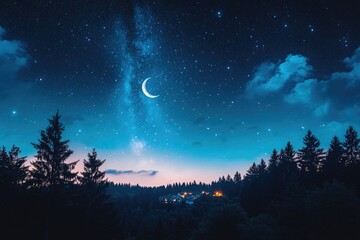 Night sky over a forest village. Silhouetted evergreen trees frame a valley scene beneath a celestial display of a crescent moon, milky way, and countless stars. 