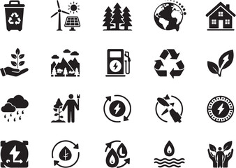 Collection of black environmental and renewable energy icons on a white background
