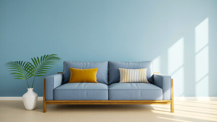 Fototapeta premium A modern minimalist living room scene with a light gray two-seater sofa positioned against a light blue wall.