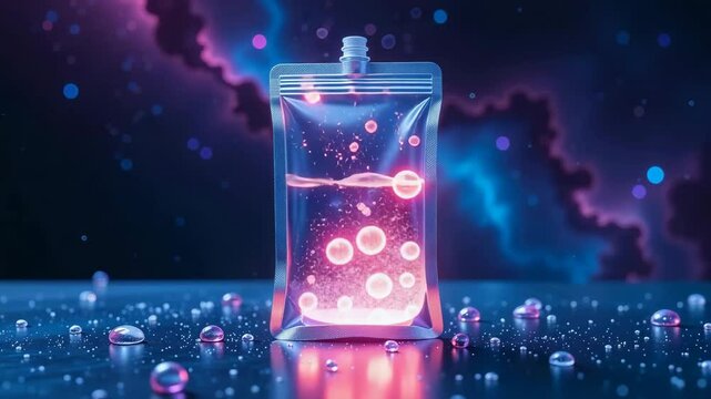 Glowing pouch with mysterious pink liquid surrounded by water droplets on a reflective surface. Glowing pouch contains an otherworldly elixir and floats against a nebula-like background,