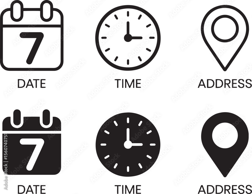 Fototapete set of icons representing date time and location with both outline and filled versions