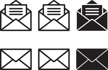 Set of six envelope icons with open and closed variations in outline and solid styles
