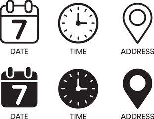 Set of icons representing date time and location with both outline and filled versions