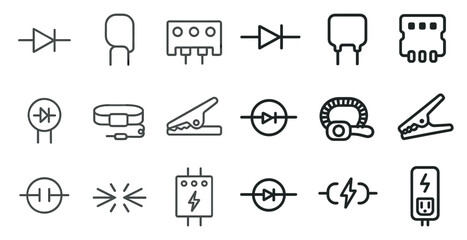 Collection of electrical symbols and components. The symbols are drawn in a simple, clean style. Scene is one of technical precision and order